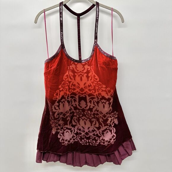 Free People Velvet Burnout Tunic Mini Dress Sz 8 Silk Forbidden Ivy Red Purple - Picture 7 of 12